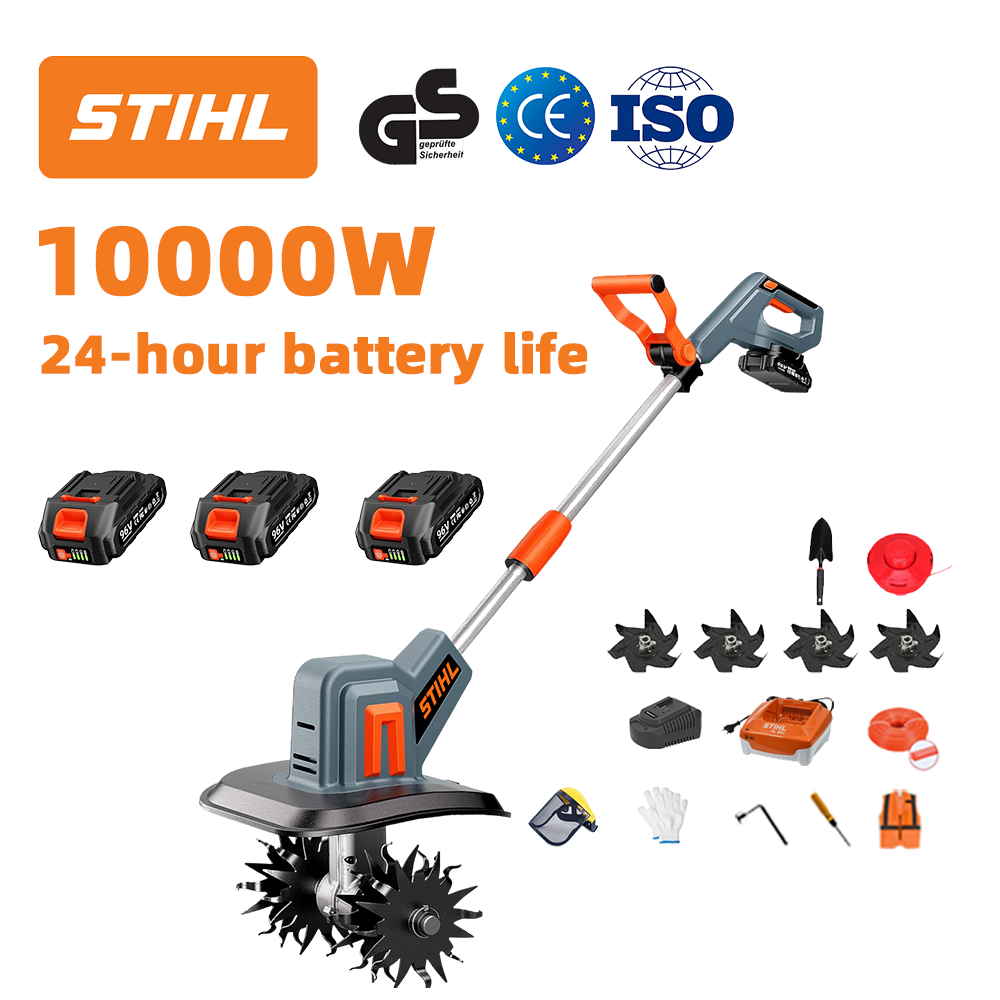 (Výdrž baterie 24 hodin) Pluh 10 000 W + lithiová baterie 96 V * 3 ks + rychlonabíječka * 1 ks + lopata * 1 ks + radlice na zpracování půdy * 4 ks + řezací kotouč * 1 ks + řezací lano * 1 ks + různé příslušenství